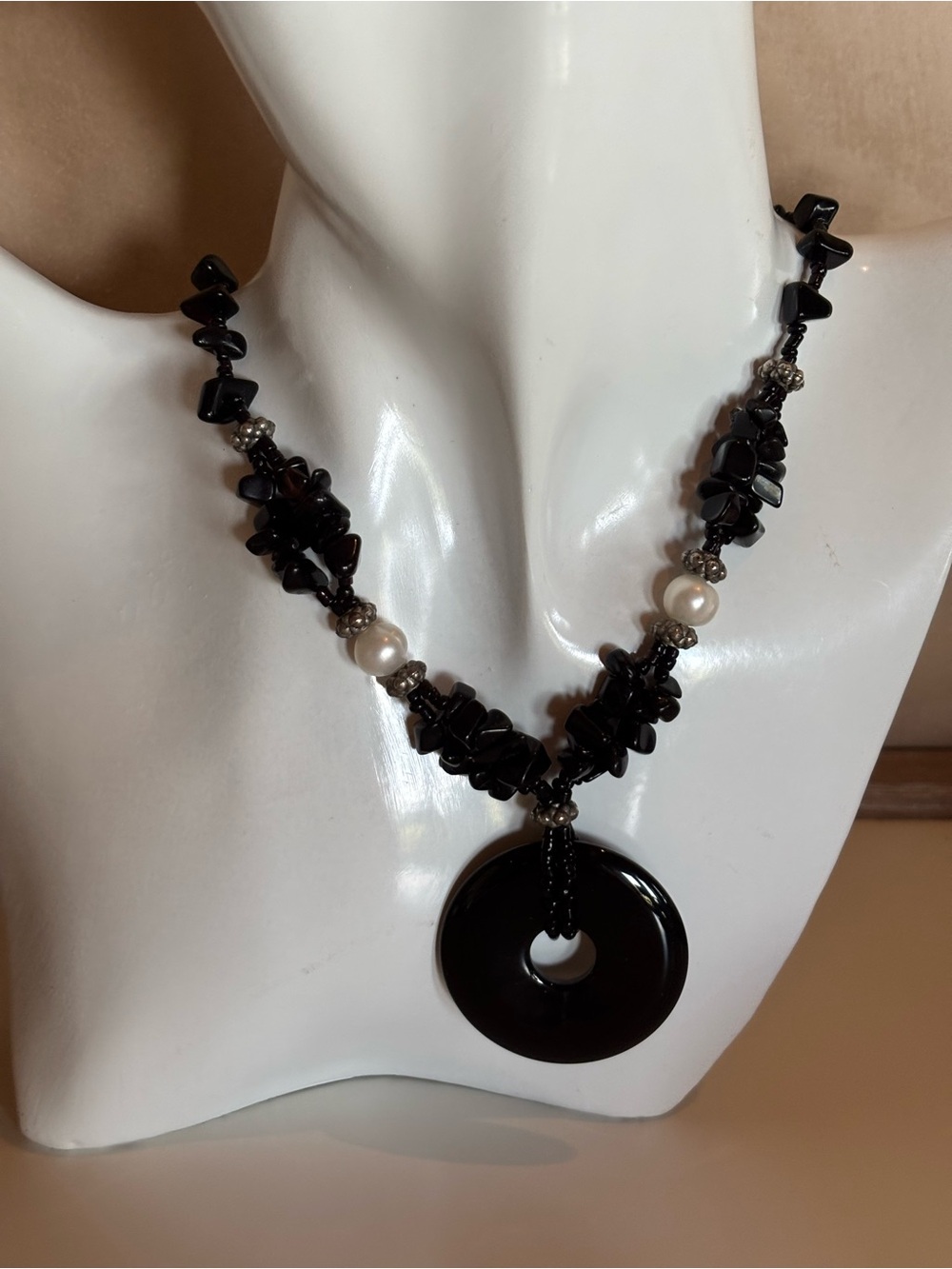 Black Donut Pendant Statement Necklace | Faux Pearl & Chip Bead Gothic Boho